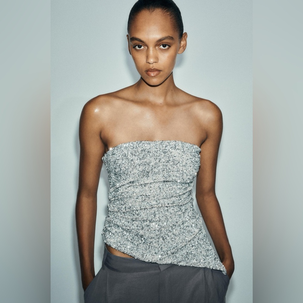 Zara Strapless Silver Sequin Tube Top Ruched Glam Evening Party Size M